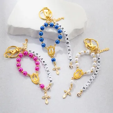 Discover Personalised Cross Shell Beads Angel Keychain with Name First Communion Christening Baptism Gift for Christian Women Godmother