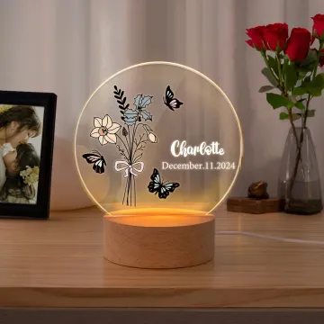 Discover Personalised Birth Flower Acrylic LED Night Light with Wooden Base and Name Home Decor Birthday Mother’s Day Bridesmaid Gift for Her