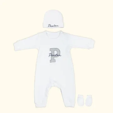 Discover Personalised Neutral Baby Romper Set with Hat and Gloves Coming Home Outfit