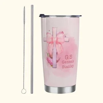 Discover Personalised Pink Coquette Bow Tie Cross 20oz Name Tumbler with Straw and Brush Birthday Gift for Her