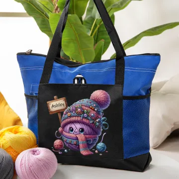 Discover Personalised Cute Cartoon Crochet Pattern Large Tote Bag with Mesh Pockets Travel Accessories Birthday Gift for Knitting Lover