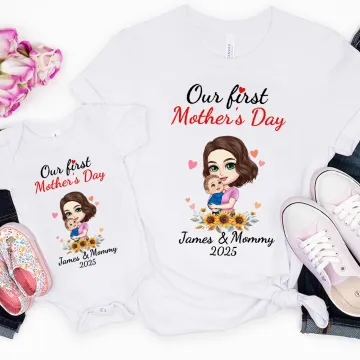 Discover Personalised Mom Hugs Baby 100% Cotton Baby Bodysuit Matching T-shirt with Names and Date First Mother's Day Gift for Newborn New Mom