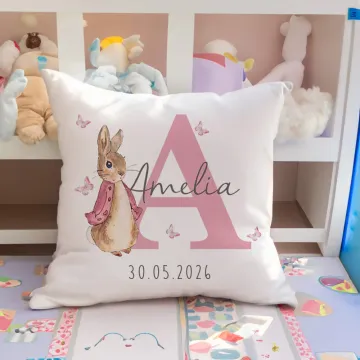 Discover Personalised Multicolor Peter Rabbit Bunny Cushion Cover with Name Nursery Decor Baby Shower Birthday Gift for Baby Kid