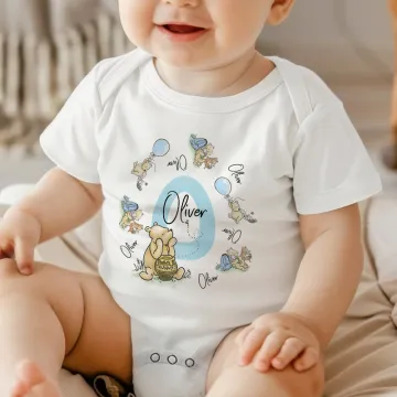 Discover Personalized Classic Winnie the Pooh 100% Cotton Baby Bodysuit Bib Set with Name and Initial Baby Shower Birthday Gift for Newborns