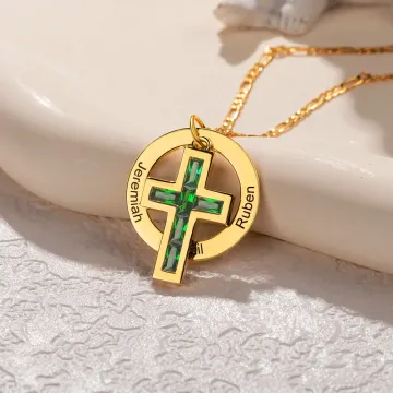 Discover Personalised Unisex Birthstone Cross Multiple Names Circle Pendant Necklace Engraved Faith Jewellery Birthday Baptism Christmas Gift for Dad Mom