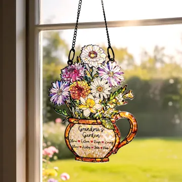 Discover Personalised Birth Flower Stained Glass Design Suncatcher with Title and 1-10 Names Mother's Day Gift for Grandma Mom