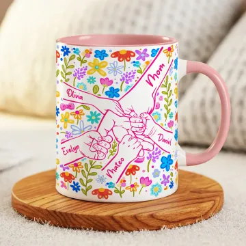 Discover Personalised Colourful Flower Hand in Hand Design Ceramic Coffee Mug with Names Mother's Day Birthday Gift for Mom Grandma