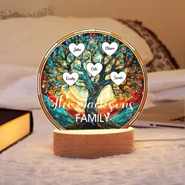Discover Personalised Stained Glass Style Tree of Life LED Night Light with 2-16 Heart Names and Wooden Base Home Decor Birthday Mother's Day Gift for Family
