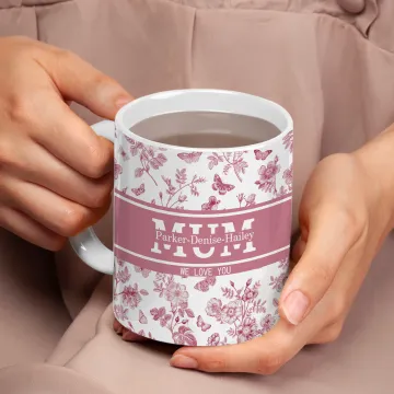 Discover Personalised Toile De Jouy 11 oz Ceramic Coffee Mug with Kid's Name Title and Text Birthday Anniversary Gift for Mom Grandma