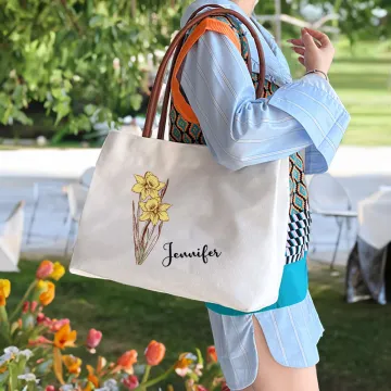 Discover Personalised Birth Flower Canvas Name Tote Bag with Button Shopping Accessory Birthday Gift for Women Besties
