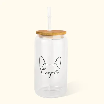 Discover Personalised Dog Ears Glass Cup with Bamboo Lid and Straw Christmas Birthday Father's Day Gift for Dog Mom or Dad Pet Lover