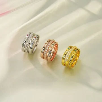 Discover Personalised Stackable Birthstone Footprint Ring Set of 3 with Engraved Name Birthday Mother's Day Gift for Women Mom Spouse