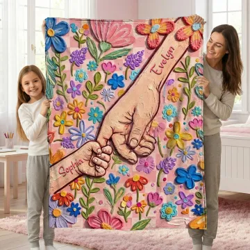 Discover Personalised Flower Oil Painting Style Holding Hands Soft Throw Blanket with Names Home Decor Mother's Day Gift for Mom Grandma