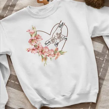 Discover Personalised Mom and Kids Hands Heart Birth Flower Multicolor Sweatshirt Hoodie with Names Mother's Day Memorial Day Gift for Mom Grandma