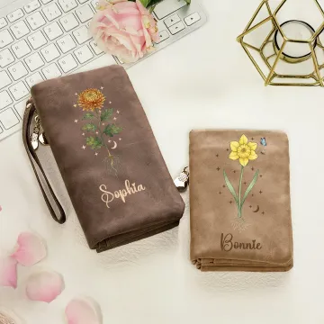 Discover Personalised Birth Flower PU Leather Vintage Wallet with Name Birthday Mother's Day Gift for Mother Woman