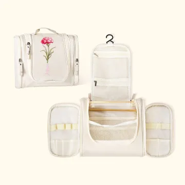 Discover Personalised Birth Flower & Name Waterproof Toiletry Bag with Hanging Hook and Multiple Compartments Portable Travel Gift for Women