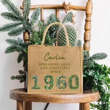 Discover Personalised Birth Year 3D-effect Roses Succulents Jute Tote Bag with Name Birthday Travel Accessory Gift for Friends Women