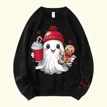 Discover Personalised Cute Christmas Hat Ghost Gingerbread Man Sweatshirt with Name Christmas Gift for Friends Family