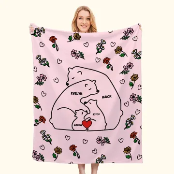 Discover Personalised Heart Hugging Bears Birth Flower Fleece Soft Blanket with 2-9 Names Birthday Gift for Family