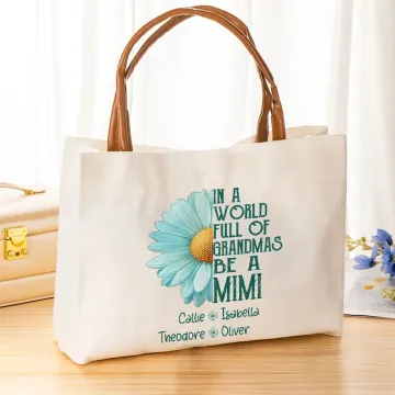 Discover Personalised Light Blue Daisy Large Capacity Canvas Bag with 1-8 Names and Leather Handle Mother's Day Birthday for Grandma Mom