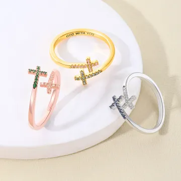 Discover Personalised Double Cross Inlaid Birthstone Open Ring with Engraved Text Dainty Jewellery Baptism Anniversary Birthday Gift for Women Christians