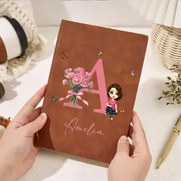 Discover Personalised Cartoon Character Birth Flower A5 A6 PU Leather Notebook with Name and Initial Office Supplies Birthday Gift for Family Friends