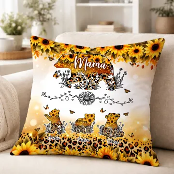 Discover Personalised Bear Mom and 1-6 Baby Bears Sunflower Leopard Print Soft Cushion Cover with Names Home Decor Mother's Day Gift for Mom