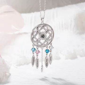 Discover Personalised Dainty Dream Catcher Birthstone Necklace with 1-7 Engraved Names Mother's Day Birthday Gift for Women
