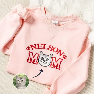 Discover Personalised Embroidered Dog Cat Pet Portrait Photo T-shirt Sweatshirt Hoodie with Name Title Birthday Holiday Gift for Pet Owners Lovers