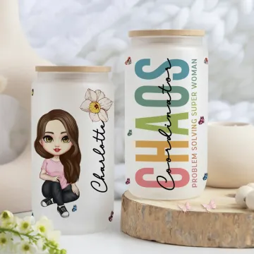 Discover Personalised Chaos Coordinator Cartoon Character Birth Flower Name 20oz Frosted Glass Cup with Lid and Straw Birthday Gift for Women