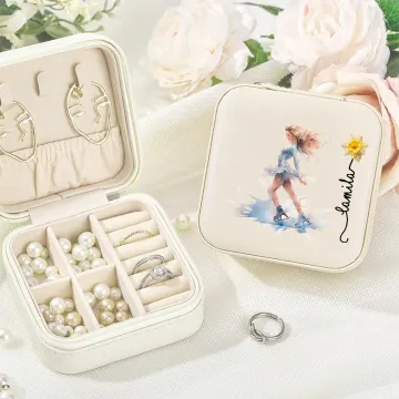 Discover Personalised Cartoon Skating Girl Birth Flower PU Leather Jewellery Box with Name Travel Essentials Birthday Game Day Gift for Women