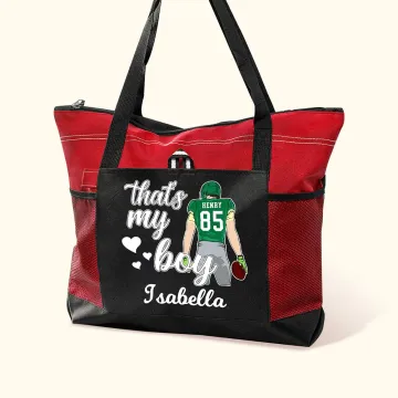 Discover Personalised That's My Boy Cartoon Large Zippered Tote Bag with Name and Number Game Day Birthday Gift for Football Mom Lovers