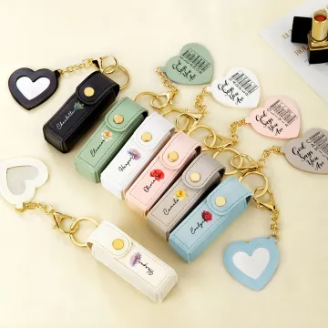 Discover Personalised Birth Flower PU Leather Lipstick Case Keychain with Name and Heart-Shaped Mirror Makeup Essentials Birthday Anniversary Gift for Women