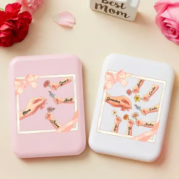 Discover Personalised Hand Birth Flower Double-Sided Makeup Mirror with Name and LED Light Mother's Day Birthday Gift for Mom Grandma
