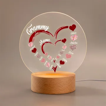 Discover Personalised Grandma Heart with Family Kids Names LED Night Light with Wooden Base Christmas Mother's Day Gift for Mom Grandma