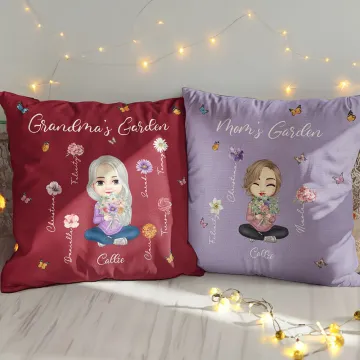 Discover Personalised Cartoon Mom Grandma Birth Flower Garden Throw Pillow Cover with 1-8 Names Home Decor Birthday Family Gift for Women