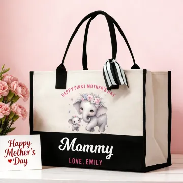 Discover Personalised Cute Elephants Flower Large Capacity Canvas Tote Bag with Name and Text First Mother's Day Birthday Gift for Mom Grandma