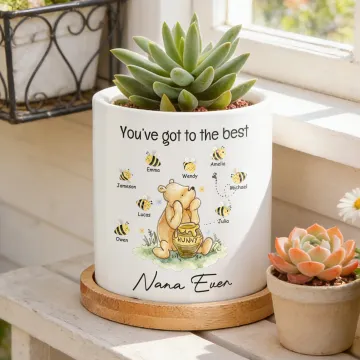 Discover Personalized Classic Winnie the Pooh 1-10 Bees Ceramic Planter Pot with Names and Bamboo Tray Daily Use Mother's Day Gift for Mom Grandma