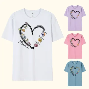 Discover Personalised Heart Watercolour Birth Flower Crewneck T-shirt with 1-6 Kid Names Birthday Mother's Day Gift for Mom Grandma