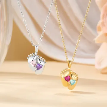Discover Personalised Double Heart Birthstones Baby Feet Necklace Dainty Jewellery Baby Shower Mother's Day Birthday Gift for Newborn New Mom