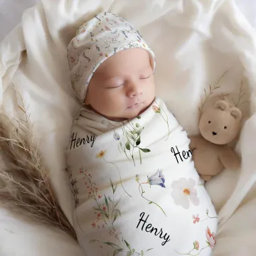 Discover Personalised Wildflowers Swaddle Blanket Knot Hat Headband with Name Nursery Decor Baby Shower Birthday Gift for Newborn Baby