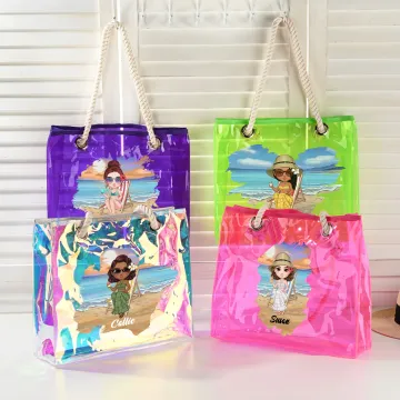 Discover Personalised Sunny Beach Style Cute Cartoon Girl Holographic Clear Tote Bag with Name Summer Vacation Holiday Birthday Gift for Women Girls