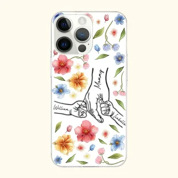Discover Personalised Holding Hands Watercolour Flower Phone Case for iPhone with Kid Names Mother's Day Birthday Gift for Mom Grandma