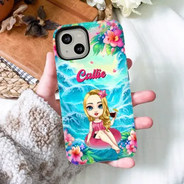 Discover Personalised Flower Ocean Beach Vacation Cartoon Character Phone Case for iPhone or Samsung with Name Birthday Anniversary Gift for Women