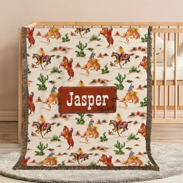 Discover Personalised Cartoon Cowboys On Horseback Cactus Soft Baby Blanket with Name and Tassels Birthday Baby Shower Gift for Newborns New Parents