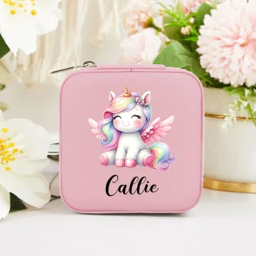 Discover Personalised Portable Leather Rainbow Fantasy Unicorn Jewellery Box with Name Cute Birthday Gift for Girls Women