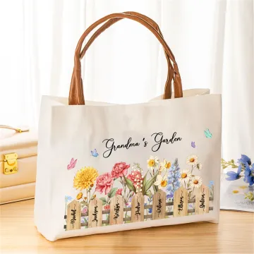 Discover Personalised Birth Flower Canvas Tote Bag with Name and Handle Birthday Bridesmaid Gift for Women