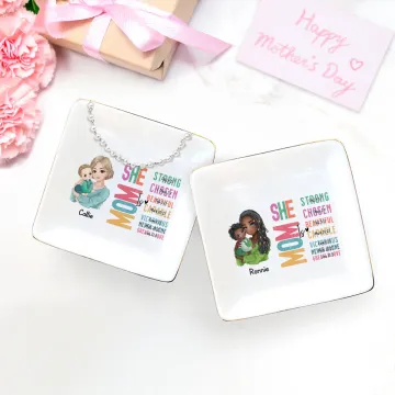 Discover Personalised Cartoon Mom Holding Baby Bible Verse Ceramic Trinket Jewellery Dish with Name Home Decor Birthday Mother's Day Gift for Mom Women
