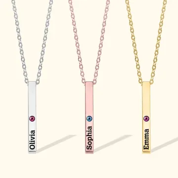 Discover Personalised Kid Name Baby Stats Necklace with Birthstone 3D Vertical Bar Necklace Simple Minimalist Jewellery New Mom Mother's Day Birthday Gift
