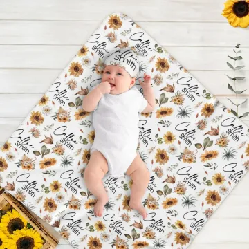 Discover Personalised Sunflower Baby Girl Boy Soft Swaddle Blanket Knot Hat Set with Name Coming Home Outfit Birthday Baby Shower Gift for Newborns